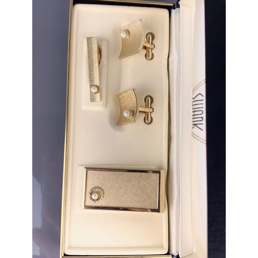 Faux Pearl Square Gold Tone Cufflinks Tie Pin Money Clip Textured Swank Vintage